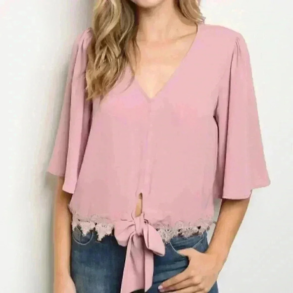 V-Neck Wide Top with Lace Trim and Bow Tie Detail - Picture 4 of 6